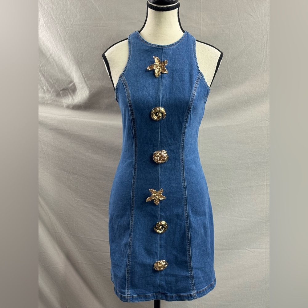 🔥🔥Mini Denim Dress Gold Button Deco Blue - Picture 8 of 9